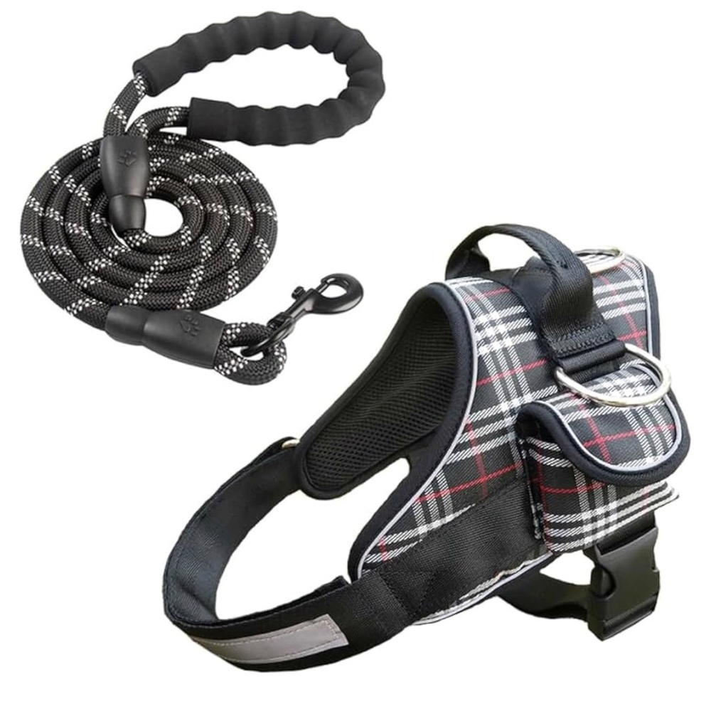 No Pull Dog Harness With Pocket, Pet, Adjustable and Black Leash Set Size Large